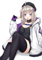 Rule 34 | aa-12 (girls&#039; frontline), ahoge, beret, black choker, black hat, black shirt, black shorts, black thighhighs, blue eyes, blunt bangs, breasts, buckle, candy, choker, cleavage, coffeedog, commentary request, food, girls&#039; frontline, grey hair, hair ornament, hairpin, hat, head tilt, highres, holding, holding candy, holding food, hood, hood down, hooded jacket, jacket, knees up, licking, long hair, looking at viewer, medium breasts, messy hair, multicolored clothes, multicolored jacket, purple jacket, saliva, saliva trail, shirt, short shorts, shorts, sitting, snap-fit buckle, solo, strap, teeth, thighhighs, tongue, tongue out, two-tone jacket, white jacket, zettai ryouiki