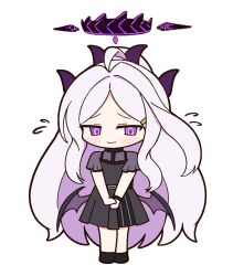 Rule 34 | 1girl, achilles (yosshyachillesd), ahoge, black dress, black footwear, black horns, black wings, blue archive, blush, closed mouth, demon horns, demon wings, dress, full body, highres, hina (blue archive), horns, long hair, multiple horns, purple eyes, shoes, short sleeves, simple background, solo, white background, white hair, wings