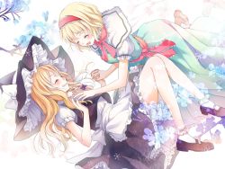 Rule 34 | 2girls, ^ ^, alice margatroid, apron, bad id, bad pixiv id, blonde hair, bobby socks, bow, capelet, closed eyes, couple, dutch angle, closed eyes, grin, hair bow, hairband, holding hands, hat, hat bow, interlocked fingers, kirisame marisa, knees together feet apart, long hair, mary janes, multiple girls, neck ribbon, open mouth, puffy short sleeves, puffy sleeves, ribbon, shoes, short hair, short sleeves, smile, socks, touhou, branch, waist apron, witch hat, yatomi, yuri