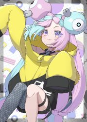 Rule 34 | 1girl, bike shorts, black shorts, blue hair, bow-shaped hair, character hair ornament, closed mouth, creatures (company), game freak, gen 1 pokemon, grey pantyhose, hair ornament, hexagon print, highres, iono (pokemon), jacket, long hair, low-tied long hair, magnemite, multicolored hair, nintendo, oversized clothes, pantyhose, pink hair, pokemon, pokemon sv, shorts, single leg pantyhose, sleeveless, sleeves past fingers, sleeves past wrists, solo, split-color hair, thigh strap, tokiyori (toyo illust), very long sleeves, wavy mouth, x, yellow jacket