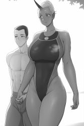 Rule 34 | 1boy, 1girl, breasts, bushu (lvl), collarbone, competition swimsuit, couple, dark skin, greyscale, height difference, highres, holding hands, horns, huge breasts, lvl (sentrythe2310), monochrome, one-piece swimsuit, oni, original, ponytail, short hair, single horn, swimsuit, tall female
