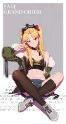 Rule 34 | 1girl, absurdres, asymmetrical legwear, black bra, black thighhighs, blonde hair, border, bra, character name, collarbone, copyright name, earrings, ereshkigal (fate), fate/grand order, fate (series), fur-trimmed jacket, fur trim, head tilt, highres, jacket, jewelry, long hair, looking at viewer, midriff, navel, open clothes, open jacket, red eyes, shoes, short shorts, shorts, single thighhigh, sitting, smile, sneakers, solo, thighhighs, tiara, two side up, underwear, uneven legwear, white border, xtears kitsune