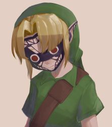 Rule 34 | 1boy, arms at sides, blonde hair, border, brown background, closed mouth, collared shirt, commentary request, facepaint, facing viewer, green hat, green shirt, hat, highres, link, male focus, mazel, nintendo, parted bangs, pointy ears, red eyes, shirt, short hair, short sleeves, simple background, solo, the legend of zelda, the legend of zelda: majora&#039;s mask, upper body, white border