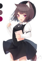 Rule 34 | 1girl, absurdres, ahoge, animal ears, black dress, black hat, blush, bow, bowtie, brown hair, collared shirt, commentary request, dress, dress shirt, fang, grey bow, grey bowtie, hand up, hat, highres, holding, holding stylus, holding tablet pc, long sleeves, mayogii, open mouth, original, red eyes, shirt, signature, simple background, sleeveless, sleeveless dress, sleeves past wrists, solo, stylus, tablet pc, tail, white background, white shirt