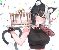 Rule 34 | 1girl, :3, absurdres, animal ear fluff, animal ears, asymmetrical sleeves, aurahman, bell, birthday cake, black gloves, black hair, black shirt, black tail, blue eyes, blush, bracelet, breasts, cake, candle, cat ears, cat girl, cat tail, commentary, confetti, crop top, fingerless gloves, fishnet sleeves, fishnets, food, gloves, heterochromia, highres, holding, holding tray, jewelry, jingle bell, large breasts, looking at viewer, multicolored hair, musical note, open mouth, original, shirt, single glove, sleeveless, sleeveless shirt, solo, spiked bracelet, spikes, split-color hair, streaked hair, tail, tray, two-tone hair, uneven sleeves, upper body, white background, white hair, yellow eyes