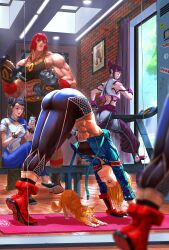 Rule 34 | 4girls, abs, absurdres, arched back, ass, bench, biceps, blue jacket, blurry, blurry foreground, boots, cammy white, capcom, cat, cellphone, chun-li, combat boots, crop top, cropped jacket, dumbbell, exercise, gym, han juri, highres, jacket, looking at another, marisa (street fighter), mirror, multiple girls, muscular, muscular female, pants, phone, red hair, santa fung, sitting, smartphone, smile, street fighter, street fighter 6, stretching, tall female, treadmill, weightlifting, yoga, yoga pants, zangief