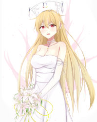 Rule 34 | 1girl, :d, alternate costume, bad id, bad pixiv id, bare shoulders, blonde hair, blush, bouquet, choker, collarbone, commentary request, crescent, crescent necklace, dress, earrings, elbow gloves, flower, gloves, hair between eyes, hair ornament, headdress, highres, holding, holding bouquet, jewelry, junko (touhou), lily (flower), long hair, looking at viewer, musteflott419, necklace, open mouth, red eyes, smile, solo, strapless, strapless dress, touhou, very long hair, wedding dress, white background, white choker, white dress, white gloves