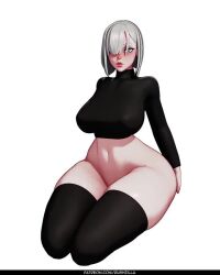 Rule 34 | 1girl, 3d, animated, ass, ass grab, black shirt, black thighhighs, blush, bottomless, breasts, covered erect nipples, curvy, fiona frost, grabbing own ass, grey eyes, hair over one eye, huge ass, jiggle, kneeling, large breasts, lips, long sleeves, lowres, navel, rushzilla, shirt, short hair, silver hair, solo, spy x family, stomach, tagme, thick thighs, thighhighs, thighs, turtleneck, video, white background, wide hips
