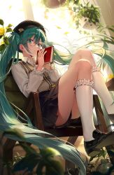 Rule 34 | 1girl, absurdres, ahoge, aimitkkays, aqua eyes, aqua hair, autumn, autumn leaves, beret, black-framed eyewear, black footwear, black hat, black skirt, book, falling leaves, flower, frilled socks, frills, ginkgo leaf, hair between eyes, hat, hatsune miku, highres, holding, holding book, kneehighs, leaf, loafers, long hair, long sleeves, looking at viewer, parted lips, plant, pleated skirt, potted plant, puffy long sleeves, puffy sleeves, round eyewear, shirt, shoe soles, shoes, sitting, skirt, socks, solo, sweater vest, thighs, twintails, very long hair, vocaloid, white shirt, white socks, yellow flower