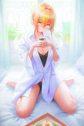 Rule 34 | 1girl, absurdres, barefoot, black panties, blonde hair, bread slice, breasts, cleavage, coffee, coffee mug, commentary, cup, egg, egg (food), english commentary, food, green hair, hair between eyes, hair intakes, highres, holding, holding cup, interlocked fingers, looking at viewer, mug, nababa, on bed, open clothes, open shirt, original, panties, pillow, plant, shirt, short hair, sitting, smile, solo, steam, sunny side up egg, toast, tray, unbuttoned, underwear, wariza, white shirt, window