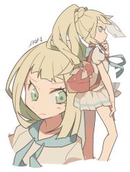 Rule 34 | 1girl, auko, backpack, bag, bare arms, blonde hair, braid, closed mouth, creatures (company), eyelashes, feet out of frame, french braid, frown, game freak, green eyes, hand on own leg, hand up, high ponytail, lillie (pokemon), miniskirt, multiple views, nintendo, pleated skirt, pokemon, pokemon sm, puffy short sleeves, puffy sleeves, shirt, short sleeves, signature, simple background, skirt, standing, upper body, white background, white shirt, white skirt