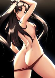 Rule 34 | 1girl, alternate costume, arm up, armpits, ass, back, bikini, black background, black hair, black ribbon, blue eyes, butt crack, closed mouth, commission, cowboy shot, fate/stay night, fate (series), from behind, hair ribbon, highres, long hair, looking at viewer, looking back, red bikini, ribbon, smile, solo, swimsuit, tohsaka rin, tony guisado, two side up, untied bikini