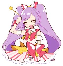 Rule 34 | 1girl, blush, bow, closed eyes, cropped legs, dress, dress bow, hair bow, long hair, magical girl, manaka laala, mzh, open mouth, pretty series, pripara, purple hair, simple background, solo, star (symbol), twintails, very long hair, white background