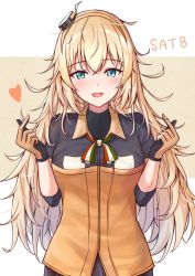 Rule 34 | 1girl, blonde hair, blue eyes, blush, breasts, character name, girls&#039; frontline, gloves, hair between eyes, hair ornament, hairband, hands up, italian flag neckwear, jacket, long hair, looking at viewer, mango (mgo), medium breasts, messy hair, neck ribbon, open mouth, orange hairband, pleated skirt, ribbon, s.a.t.8 (girls&#039; frontline), sidelocks, simple background, skirt, smile, solo, standing, very long hair