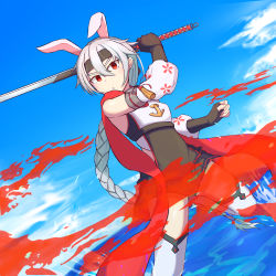 Rule 34 | 1girl, :o, anchor symbol, animal ears, arm up, azur lane, black gloves, black headband, black skirt, blue sky, braid, braided ponytail, breasts, cherry blossom print, clenched hand, cloud, commentary request, cowboy shot, day, detached sleeves, dutch angle, fingerless gloves, floral print, gloves, hair between eyes, headband, highres, holding, holding sword, holding weapon, katana, long hair, looking at viewer, ocean, outdoors, pleated skirt, rabbit ears, red eyes, red scarf, scarf, sidelocks, silver hair, single braid, skirt, sky, small breasts, solo, standing, standing on one leg, sword, tassel, thighhighs, tone (azur lane), unsheathed, utsusemi (sola), very long hair, waves, weapon, white thighhighs, zettai ryouiki