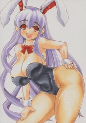 Rule 34 | 1girl, animal ears, bare legs, bow, bowtie, breasts, cleavage, curvy, detached collar, extra ears, female focus, large breasts, leotard, long hair, necktie, playboy bunny, purple hair, rabbit ears, rabbit girl, red bow, red bowtie, red eyes, reisen udongein inaba, simple background, solo, strapless, thighs, touhou, very long hair, white background, wrist cuffs, yutakasan-love