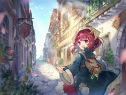 Rule 34 | 1girl, :d, atelier (series), atelier sophie, backpack, bag, blue coat, brown eyes, cherry blossoms, coat, day, floating hair, gem, green gemstone, long hair, long skirt, looking at viewer, looking back, open clothes, open coat, open mouth, outdoors, red hair, red skirt, road, skirt, smile, solo, sophie neuenmuller, soriya, street, sunlight, twitter username, yellow gemstone, yellow headwear