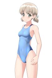 Rule 34 | 1girl, absurdres, aki (girls und panzer), blue one-piece swimsuit, blush, breasts, collarbone, commentary request, competition swimsuit, cowboy shot, girls und panzer, green eyes, groin, highres, light brown hair, looking at viewer, low twintails, one-piece swimsuit, short hair, short twintails, simple background, small breasts, smile, solo, standing, swimsuit, takafumi, thighs, twintails, two-tone swimsuit, variant set, white background