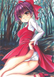 Rule 34 | 1girl, ass, bare legs, blush, bow, breasts, brown eyes, clothes lift, dress, dress lift, forest, gegege no kitarou, gegege no kitarou 6, graphite (medium), hair bow, high heels, highres, legs together, lifted by self, looking at viewer, looking back, lying, marker (medium), mechanical pencil, medium breasts, nature, nekomusume, nekomusume (gegege no kitarou 6), no socks, on side, outdoors, panties, pencil, presenting, purple hair, red bow, red dress, red footwear, self exposure, shirt, short dress, short hair, sleeveless, sleeveless dress, solo, sweatdrop, tomoeri, traditional media, tree, underwear, white panties, white shirt