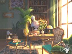 Rule 34 | artist logo, book, bookshelf, bust (sculpture), cake, chair, cup, curtains, desk lamp, food, indoors, lamp, no humans, original, painting (object), plant, plate, potted plant, scenery, sunlight, teacup, teapot, vase, window, xingzhi lv
