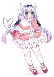 Rule 34 | 10s, 1girl, bad id, bad pixiv id, beads, blue eyes, bow, capelet, cross-laced footwear, dragon girl, finger to mouth, frilled skirt, frills, fur trim, gradient hair, hair beads, hair bow, hair ornament, hairband, heart, heart tail, horns, kanna kamui, kobayashi-san chi no maidragon, looking at viewer, low twintails, multicolored hair, osiimi, pink footwear, purple hair, shoes, simple background, skirt, solo, tail, thighhighs, twintails, valentine