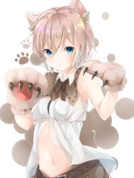 Rule 34 | 1girl, animal ears, animal hands, aqua eyes, belt, brown hair, gloves, highres, looking at viewer, mai (12mai0426), paw gloves, paw pose, simple background, solo