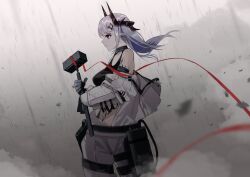 Rule 34 | 1girl, absurdres, arknights, black choker, black sports bra, choker, demon horns, gloves, grey hair, hair ornament, hammer, highres, holding, holding hammer, horns, infection monitor (arknights), jumpsuit, long hair, looking to the side, material growth, mudrock (arknights), mudrock (elite ii) (arknights), open jumpsuit, oripathy lesion (arknights), pointy ears, red eyes, red ribbon, ribbon, sledgehammer, solo, sports bra, teizen (niwamaee), war hammer, weapon, white hair, white jumpsuit