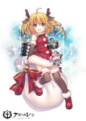 Rule 34 | 1girl, :d, ahoge, alternate costume, animal ears, antlers, azur lane, bare shoulders, black gloves, black thighhighs, blonde hair, blue eyes, blush, boots, camera, commentary request, copyright name, deer ears, dress, elbow gloves, fingerless gloves, fur-trimmed boots, fur-trimmed dress, fur-trimmed gloves, fur-trimmed legwear, fur collar, fur trim, gloves, gridley (azur lane), gridley (christmas photoshoot) (azur lane), hair between eyes, holding, holding camera, holding sack, horns, looking at viewer, official art, open mouth, red dress, red footwear, reindeer antlers, ringlets, sack, shenbei xiaoqiu, sleeveless, sleeveless dress, smile, solo, star (symbol), teeth, thighhighs, twintails, upper teeth only
