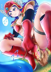 Rule 34 | 1girl, armor, bikini armor, blue eyes, blush, boots, breasts, choker, collarbone, disembodied hand, dragon quest, dragon quest iii, dutch angle, elbow gloves, fingering, gloves, grass, helmet, highres, medium breasts, open mouth, outdoors, purple hair, red armor, red footwear, red headwear, shoulder armor, shoulder pads, sky, slime, soldier (dq3), solo, spread legs, square enix, squatting, stick, sweatdrop, thigh strap, thighs, tiptoes, underboob, uriens, winged helmet