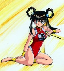 Rule 34 | 1990s (style), 1girl, anklet, barefoot, bodysuit, bracelet, breasts, brown hair, cleavage, feet, female focus, green eyes, jewelry, mamono hunter youko, mano youko, solo, toes, twintails