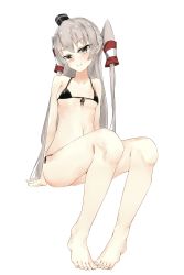 Rule 34 | 10s, 1girl, absurdres, alternate costume, amatsukaze (kancolle), arm support, artist request, bare arms, bare legs, bare shoulders, barefoot, bikini, black bikini, blush, breasts, collarbone, eyebrows, feet, from below, front-tie top, hair between eyes, hair tubes, highres, kantai collection, long hair, navel, pureko, pureko (pureko93), side-tie bikini bottom, silver hair, sitting, small breasts, smile, solo, swimsuit, thighs, toes, tsurime, two side up, very long hair, yellow eyes