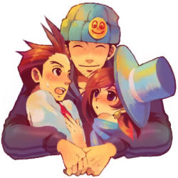 Rule 34 | 1girl, 2boys, ^ ^, ace attorney, alternate costume, apollo justice, apollo justice: ace attorney, blue hat, blush, brown hair, capcom, cape, closed eyes, earrings, facial hair, goatee stubble, hat, hug, jewelry, kobashi, lowres, multiple boys, necktie, phoenix wright, smile, smiley face, stubble, sweat, top hat, trucy wright