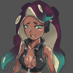 Rule 34 | bare arms, black hair, breasts, cleavage, collarbone, cropped jacket, dark skin, forehead, gradient hair, green eyes, green hair, grey background, headphones, highres, long hair, marina (splatoon), mole, mole under mouth, multicolored hair, nintendo, nukewaffle, octoling, open clothes, simple background, sketch, small breasts, smile, splatoon (series), splatoon 2, tentacle hair, upper body