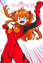 Rule 34 | 1girl, artist name, blue eyes, bodysuit, breasts, brown hair, clenched hands, curvy, long hair, looking at viewer, minx, neon genesis evangelion, plugsuit, red bodysuit, shiny clothes, simple background, skin tight, smile, solo, souryuu asuka langley, two side up, white background, wide hips