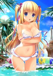 Rule 34 | 1girl, :o, bare shoulders, beach, bikini, blonde hair, blue eyes, blush, breast hold, breasts, cleavage, day, frilled bikini, frills, hair ribbon, highres, innertube, large breasts, long hair, navel, ocean, onaka sukisuki, open mouth, original, outdoors, palm tree, partially submerged, ribbon, solo, swim ring, swimsuit, tan, tanline, thigh gap, tree, twintails, two side up, untied, wading, wardrobe malfunction, water, wet, white bikini