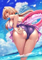 Rule 34 | 1girl, adjusting clothes, adjusting swimsuit, aozora stripe, ass, bare shoulders, beach, bikini, blonde hair, blue eyes, blue sky, blush, breasts, cloud, day, drill hair, from behind, hair intakes, highres, holding, holding swim ring, huge ass, innertube, large breasts, leaning forward, long hair, looking at viewer, looking back, ocean, open mouth, osakabe mahiro, piromizu, purple bikini, shoulder blades, sidelocks, sky, solo, swim ring, swimsuit, very long hair, wading, wet