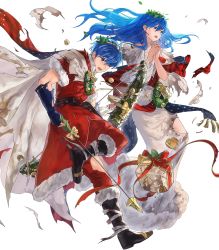 Rule 34 | 1boy, 1girl, alternate costume, arrow (projectile), bag, bell, black footwear, blue eyes, blue hair, boots, bow, bow (weapon), box, brother and sister, cape, christmas, christmas ornaments, elice (fire emblem), elice (winter) (fire emblem), fingerless gloves, fire emblem, fire emblem: mystery of the emblem, fire emblem heroes, full body, fur trim, gift, gloves, highres, holding, holding bow (weapon), holding weapon, leaf, long hair, marth (fire emblem), marth (winter) (fire emblem), matching hair/eyes, mayo (becky2006), nintendo, official art, one eye closed, open mouth, praying, ribbon, satchel, short hair, siblings, teeth, tiara, torn clothes, transparent background, weapon