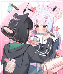 Rule 34 | 2girls, absurdres, ahoge, animal ears, applying makeup, black choker, black hair, black jacket, blue archive, blue hair, blush, cat ears, choker, closed mouth, cosmetics, flying sweatdrops, hair ornament, halo, heart, highres, holding, holding brush, hood, hood down, hooded jacket, jacket, kazusa (blue archive), lipstick tube, long hair, long sleeves, makeup, makeup brush, mascara wand, multicolored hair, multiple girls, open mouth, pink hair, pink halo, purple eyes, reisa (blue archive), rouge (makeup), short hair, smile, star (symbol), star hair ornament, two-tone hair, whonyang