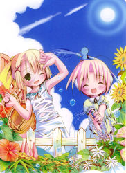 Rule 34 | 2girls, ^ ^, bare arms, basket, blonde hair, blush, closed eyes, cloud, day, dress, flower, green eyes, hair ornament, hair ribbon, hairclip, hibiscus, highres, hose, multiple girls, one eye closed, open mouth, outdoors, pop, puffy short sleeves, puffy sleeves, ribbon, short sleeves, sky, sleeveless, sleeveless dress, sun, sunflower, water, wet, wet clothes, wet dress, white dress, yellow ribbon