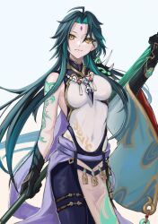 Rule 34 | 1girl, ahoge, armor, asymmetrical gloves, bead necklace, beads, blue pants, breasts, chinese clothes, closed mouth, elbow gloves, facial mark, forehead mark, genderswap, genderswap (mtf), genshin impact, gloves, green hair, highres, holding, holding polearm, holding weapon, jewelry, kisaragi chiyuki, long hair, looking at viewer, medium breasts, mismatched gloves, necklace, orange eyes, pants, pink lips, polearm, shirt, shoulder armor, shoulder tattoo, side slit, simple background, solo, tattoo, weapon, white background, white shirt, xiao (genshin impact)