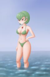 Rule 34 | 1girl, alternate costume, bikini, blue sky, breasts, brown eyes, cleavage, closed mouth, collar, creatures (company), game freak, gardevoir, gen 3 pokemon, generation 3 pokemon, green bikini, green hair, hand on own hip, highres, in water, jewelry, large breasts, legs, looking at viewer, medium breasts, navel, necklace, nintendo, personification, pokemon, pokemon (creature), pokemon oras, red eyes, saf-404, short hair, sky, solo, standing, swimsuit, thighs, water