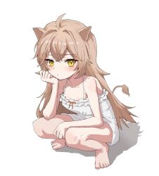 Rule 34 | 1girl, 430rl, animal ears, armpit crease, bare shoulders, barefoot, blush, breasts, crossed bangs, dress, head rest, highres, indie virtual youtuber, lion ears, lion girl, lion tail, long hair, looking at viewer, open mouth, rurudo lion, rurudo lion (1st costume), simple background, small breasts, solo, squatting, tail, virtual youtuber, white dress
