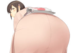 Rule 34 | 1girl, absurdres, artist request, ass, bent over, brown hair, from behind, green eyes, highres, huge ass, japanese clothes, kimono, leaning, leaning forward, looking at viewer, looking back, original, short hair, smile, solo, yukata