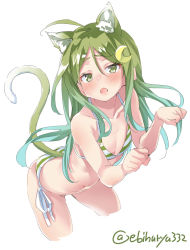 Rule 34 | 1girl, ahoge, animal ears, artist name, bikini, blush, cat ears, cat tail, cowboy shot, crescent, crescent hair ornament, cropped legs, ebifurya, fang, flat chest, green eyes, green hair, hair between eyes, hair ornament, highres, kantai collection, kemonomimi mode, leaning forward, long hair, long sleeves, nagatsuki (kancolle), open mouth, paw pose, side-tie bikini bottom, sidelocks, simple background, solo, striped bikini, striped clothes, swimsuit, tail, twitter username, white background