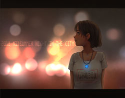 Rule 34 | 1girl, 2018, arms behind back, blurry, bokeh, breasts, brown eyes, brown hair, city lights, clothes writing, depth of field, english text, glowing, heart pendant, letterboxed, looking to the side, night, original, outdoors, profile, shirt, short hair, short sleeves, small breasts, solo, t-shirt, tatalu, upper body