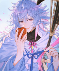 Rule 34 | 1boy, ahoge, apple, bishounen, center frills, fate/grand order, fate (series), flower, flower knot, food, frills, fruit, hair between eyes, hair ornament, holding, holding food, holding fruit, holding staff, holding weapon, hood, hood down, hooded robe, long hair, long sleeves, male focus, merlin (fate), multicolored hair, pants, parted lips, petals, pink ribbon, purple eyes, ribbon, robe, shaliva, simple background, solo, staff, tassel, turtleneck, two-tone hair, upper body, very long hair, weapon, white background, white hair, white robe, wide sleeves