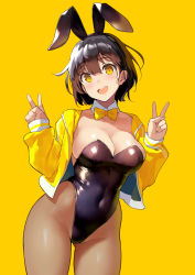 Rule 34 | 1girl, animal ears, black hair, black leotard, bow, bowtie, breasts, cleavage, commentary request, covered navel, cowboy shot, detached collar, double v, fake animal ears, gluteal fold, hands up, highres, jacket, kekemotsu, leotard, looking at viewer, open mouth, original, pantyhose, playboy bunny, rabbit ears, short hair, simple background, smile, solo, strapless, strapless leotard, v, yellow background, yellow bow, yellow bowtie, yellow eyes