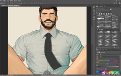 Rule 34 | 1boy, art program in frame, bara, beard, black necktie, blue eyes, blush, bulge, collared shirt, erection, erection under clothes, facial hair, feet out of frame, from above, grey male underwear, highres, katto8452, large pectorals, looking at viewer, lying, male focus, male underwear, mature male, muscular, muscular male, mustache, necktie, no pants, on back, open mouth, original, paid reward available, pectorals, sanpaku, shirt, short hair, solo, spread legs, sweat, tearing up, thick eyebrows, thick mustache, thick thighs, thighs, undercut, underwear