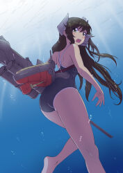 Rule 34 | 1girl, alternate costume, ass, blue one-piece swimsuit, brown hair, competition school swimsuit, grey eyes, headgear, hi-ro (rimlnet), highres, i-400 (kancolle), kantai collection, long hair, looking at viewer, one-piece swimsuit, one-piece tan, open mouth, propeller, rigging, school swimsuit, solo, swimsuit, tan, tanline, underwater
