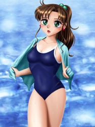 Rule 34 | 1990s (style), 1girl, bishoujo senshi sailor moon, brown hair, green eyes, kino makoto, ponytail, solo, swimsuit, water, wet